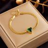 Gold Plated Cuban Link Bracelet with Heart Emerald CZ, Dainty Curb Chain Bracelet, Elegant Fashion Jewelry for Women Gift