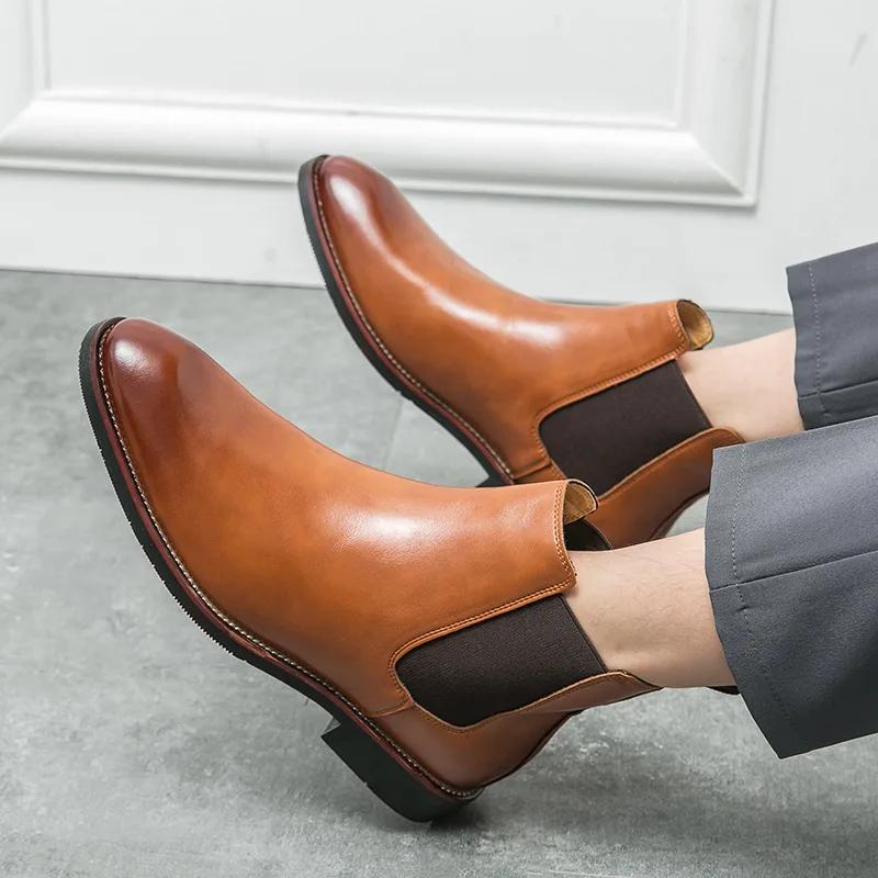 Fashion New Men Genuine Leather Thick Soles Boots Sleeve Chelsea Men Boots Luxury Brand Men's Booties Casual Business Formal Boots
