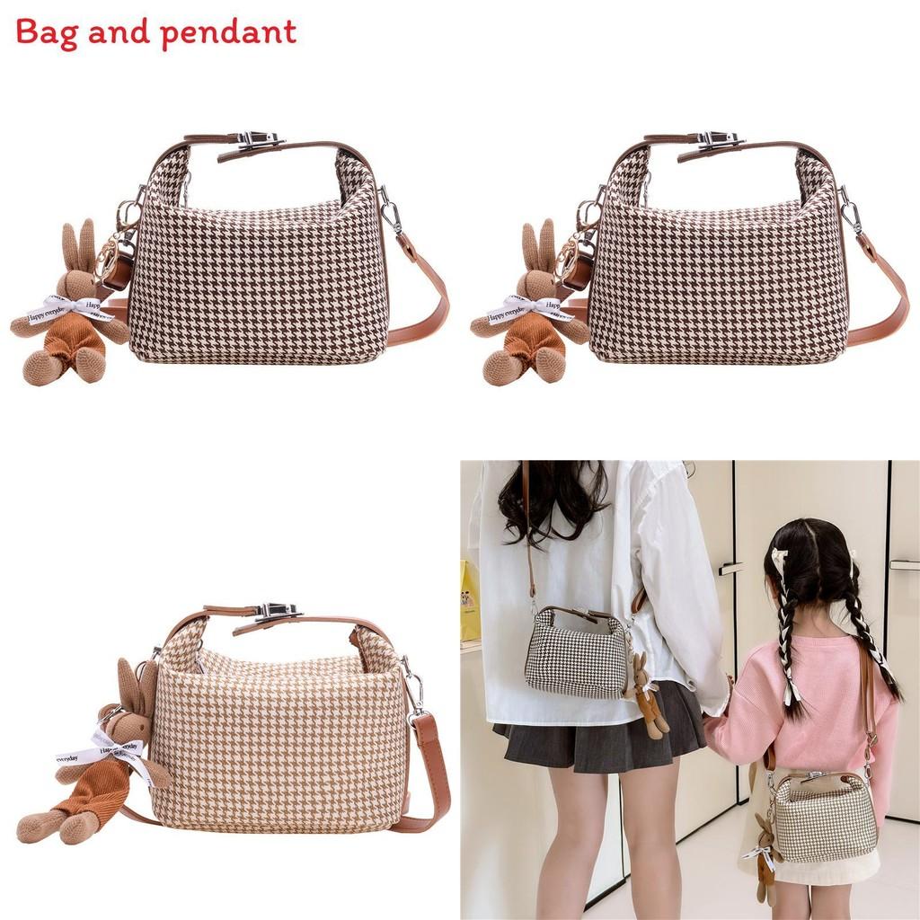 Simple Houndstooth Pattern Parent Child Shoulder Bag With Pendant For Kids Daily Use