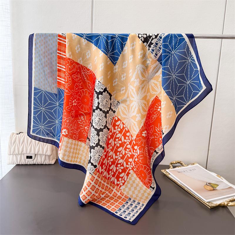 Contrasting Color Splicing Satin Simulation Silk Printing Large Square Scarf Silk Scarf Shawl Headscarf Neck Protection Scarf
