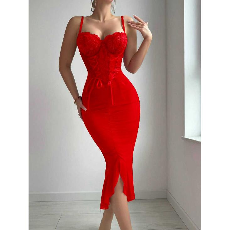 Women See Through Exotic Sets Lace Corset Midi Dress Spaghetti Strap Sheer Mesh Ruched Split Bodycon Sexy Lingerie Nightgown
