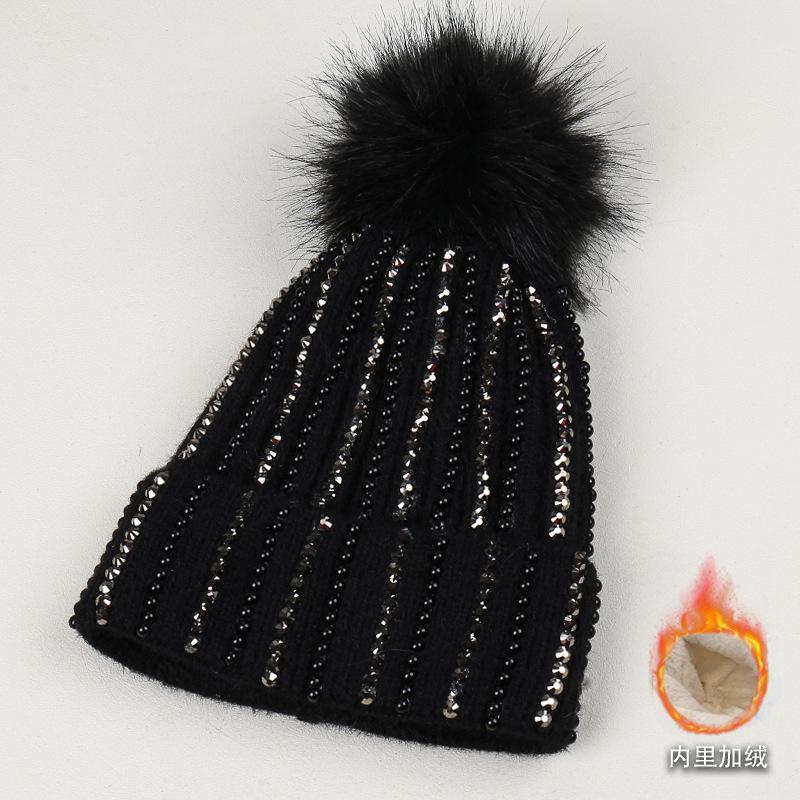 Fashion New Handmade Electric Drill Niche Temperament Knitted Hat Hairball Decoration Literary and Sweet Wool Hat