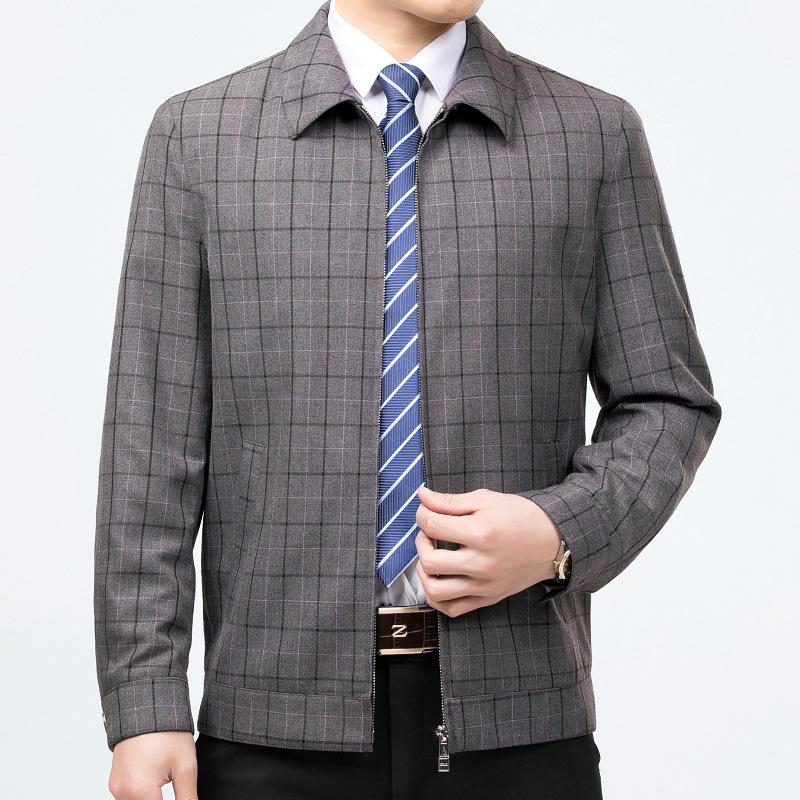Spring & Autumn Plaid Wool Jacket for Middle-aged & Elderly Men - Casual Lapel Thin Style Dad Outerwear