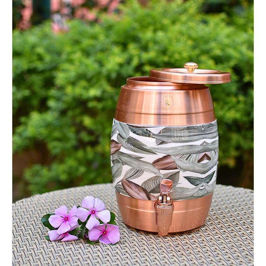 Pure Copper Water Matka - 5L | with Beautiful  Print | Copper Water Storage Dispenser with Ayurvedic Health Beneifts | for Home and Offices Purpose