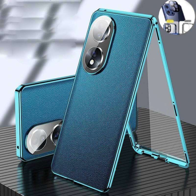 Etui dla Huawei P80 P30 P40 P70 Nova 14 13 Ultra Honor 200 100 90 80 70 Magic 8 Pro, Aluminiowy Bumper z Hartowanym Szkłem i Skórzanym Tyłem Bumpery na Telefon