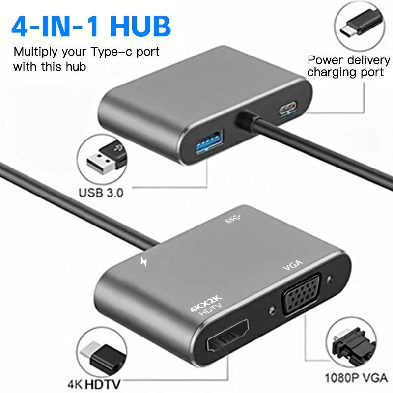 4in1 Type C to HDTV VGA USB 30 and Digital AV Multiport Adapter Hub with PD Charging Port Compatible for Multiple Devices