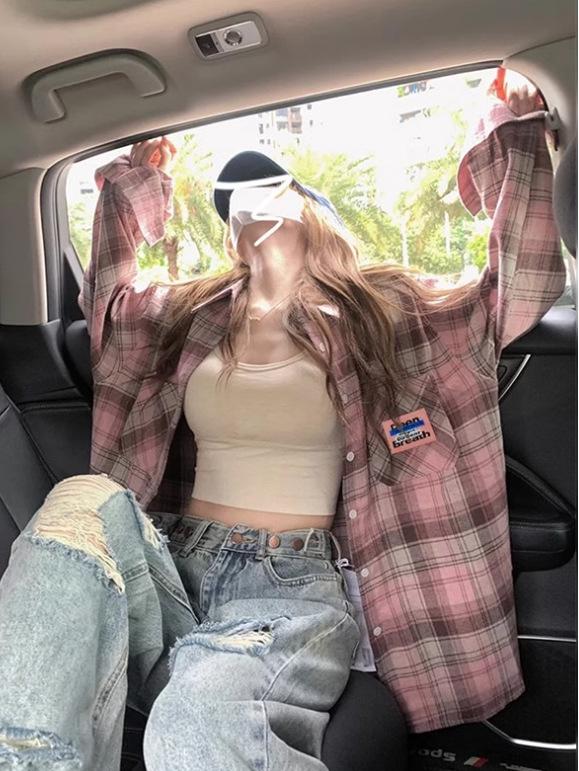 

Женская рубашка-куртка с длинным рукавом в клетку в стиле ретро для ранней осени - Свободный крой, Универсальный стиль Гонконга, Защита от солнца Extra Large розовый