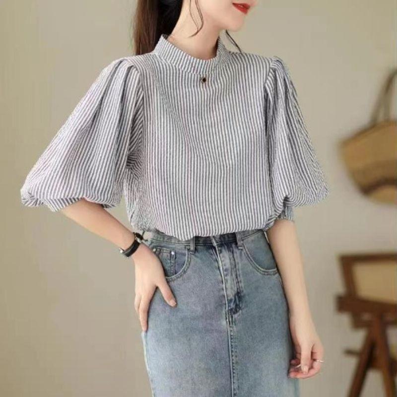 

Sweet Japanese and Korean Summer New Stand Collar Stripe French style Elegant Bubble Short sleeve Loose Lace-up Shirts Salty Sweet Black Free size