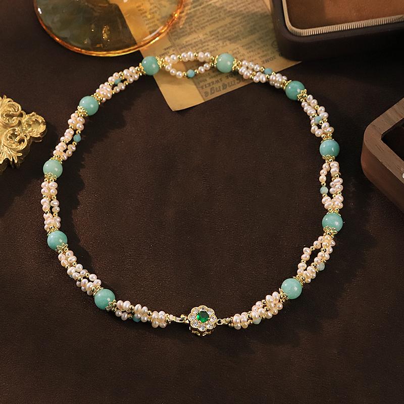 GLSEEVO Natural Freshwater Pearl Green Natural Stone Necklace for Women Wedding Banquet Pearl Necklace Light Luxury Jewelry