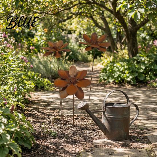 Metal Flower Lawn Stakes Rustic Ground Stake Vintage Garden Art Weather-Resistant Rusted Outdoor Patio Decorations Iron Yard Decor for Pathway