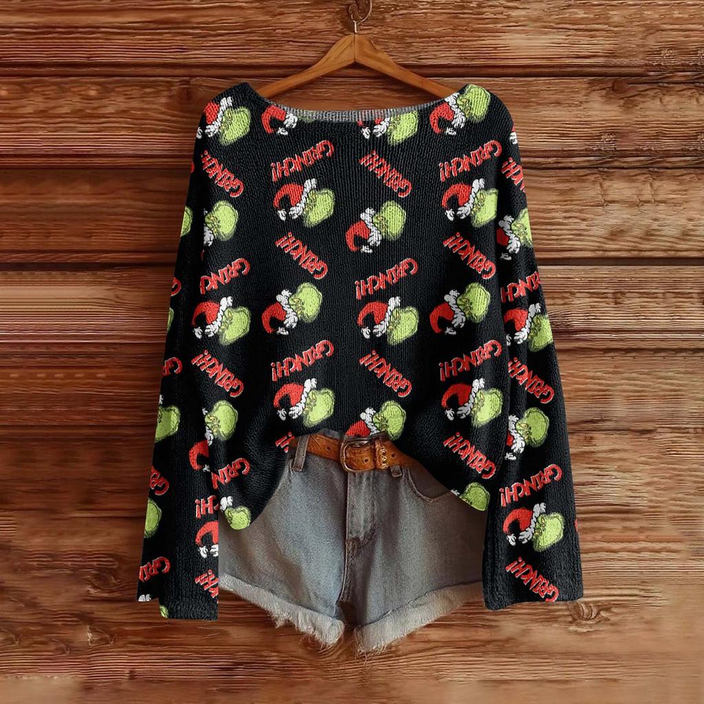 Women's Fashion Long Sleeve Christmas Print Knitted Long Sleeve Lined Long Sleeve