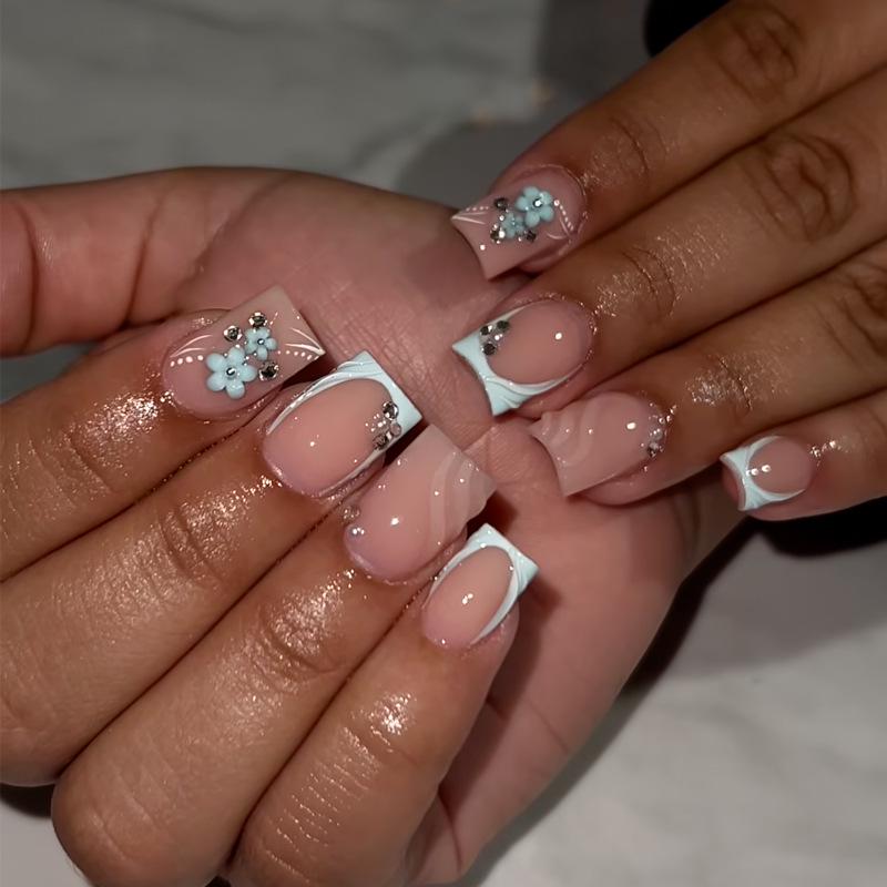 

Rhinestone Flower French Manicure Nail Tips - 24pcs Sweet Girl Fake Nails Glue Type