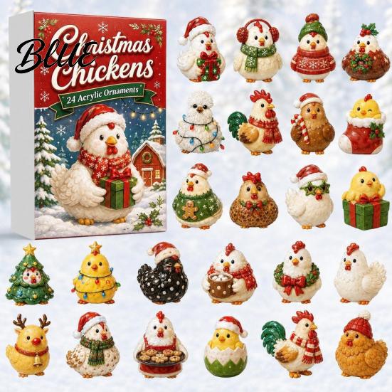 Christmas Advent Calendar Blind Box Chicken 2026, 24 Unique 2D Acrylic Holiday Countdown Surprise Gift Ornaments, Cute Tree Decorations for