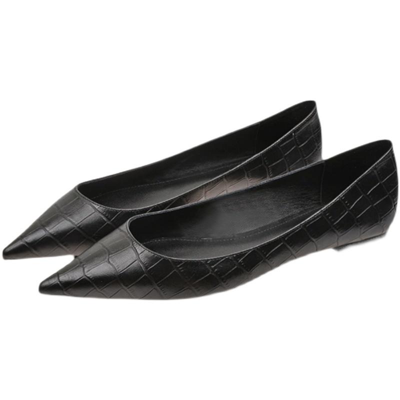 Fashion Women Flats Black Shoes for Lady Big Size 43 44 Pointed Head Pu Leather Stone Pattern Spring Autumn 2025