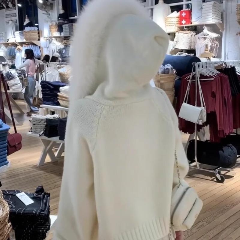 Autumn and winter new hooded short fashion knitted cardigan small imitation fox fur collar jacket women's sweater