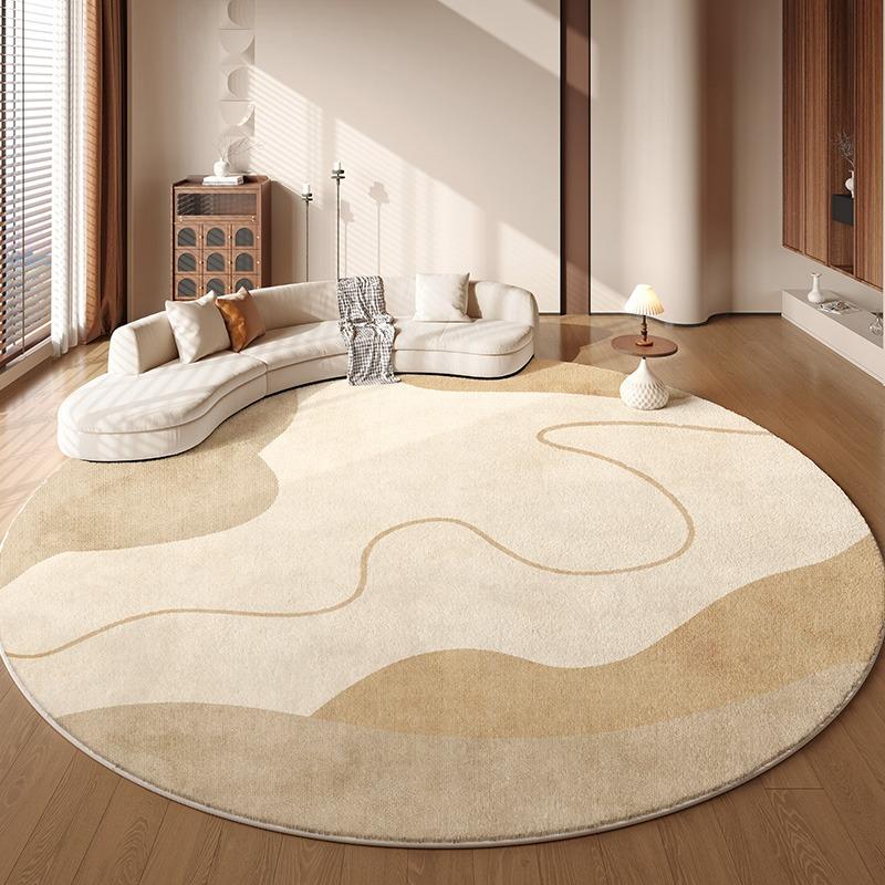 Beiger Runder Teppich für Wohnzimmer & Schlafzimmer – Weiche flauschige Bodenmatte, Fußmatte im japanischen Stil neben dem Bett, Gemütliche Heimdekoration