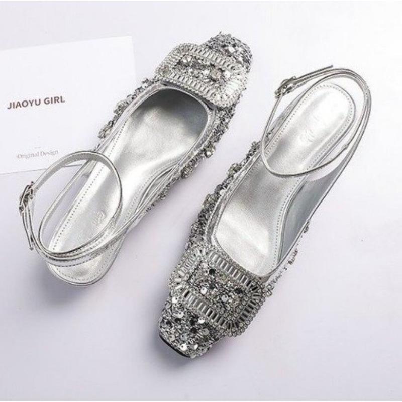 Fashion 2025 Women's Party Sandals Fashion Full Diamond Flower Design Heel High Silver Color Wedding Banquet