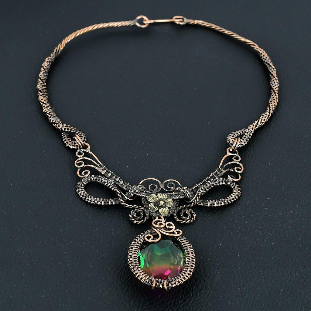 Bi-Color Tourmaline Necklace Jewelry, 999 Copper Wire Wrapped Gemstone Necklace Handmade Jewelry, For Memorial Day