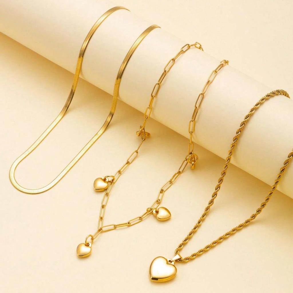 3-Piece Elegant Stainless Steel Necklace Set with 18K Gold Heart Pendants for Women