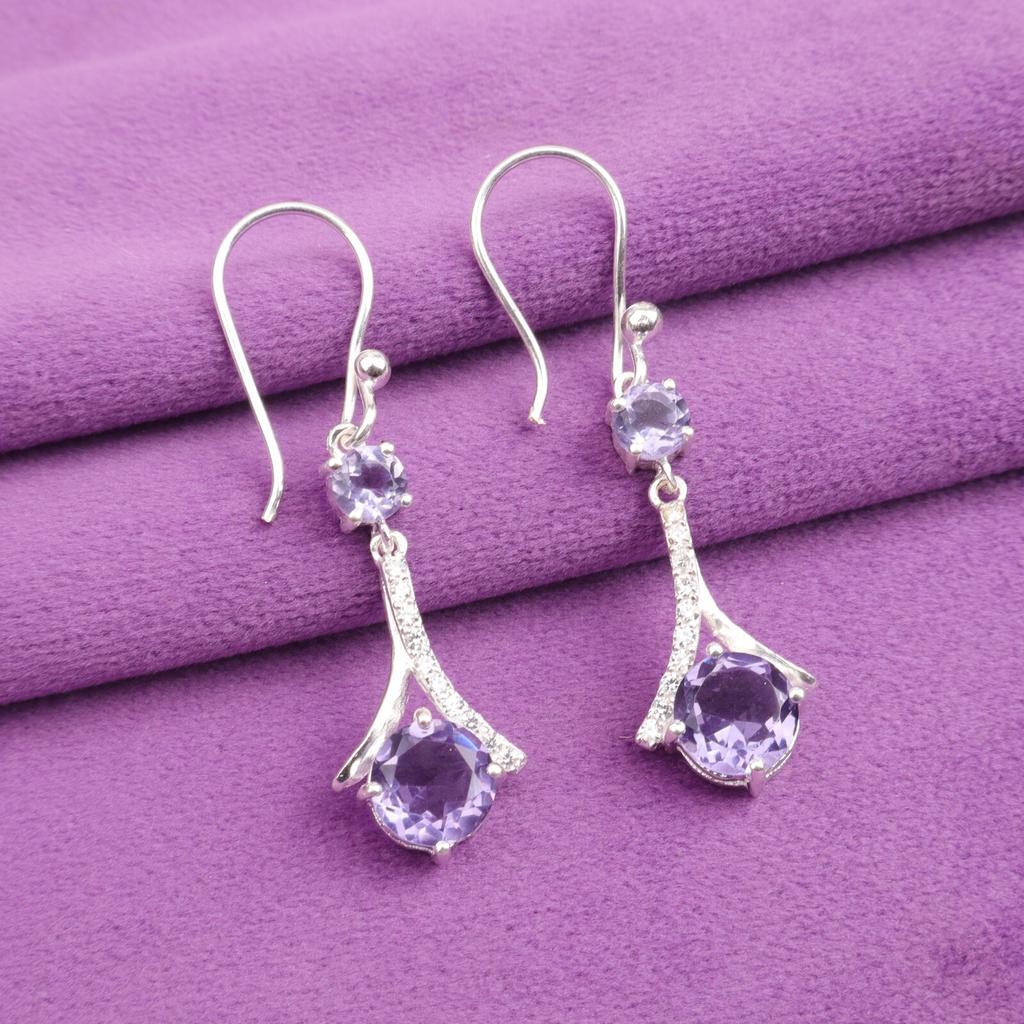 Purple Iolite Gemstone 925 Solid Silver Jewelry Partywear Zircon Earrings 1.84" CZE-9-11
