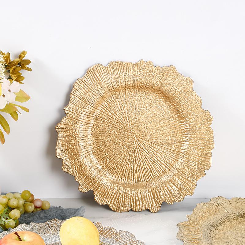 12.59" Gold Charger Plates Chargers With Floral Reef Plastic Round Ruffled Rim Dinner For Dinner Wedding Party Decoration