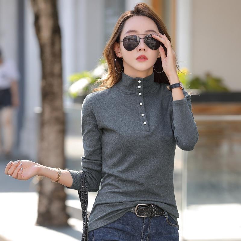 Cotton Turtleneck Tee Shirt Spring Femme Korean Long Sleeve T-shirt Button Women Casual Tops De Solid Camisetas Mujer