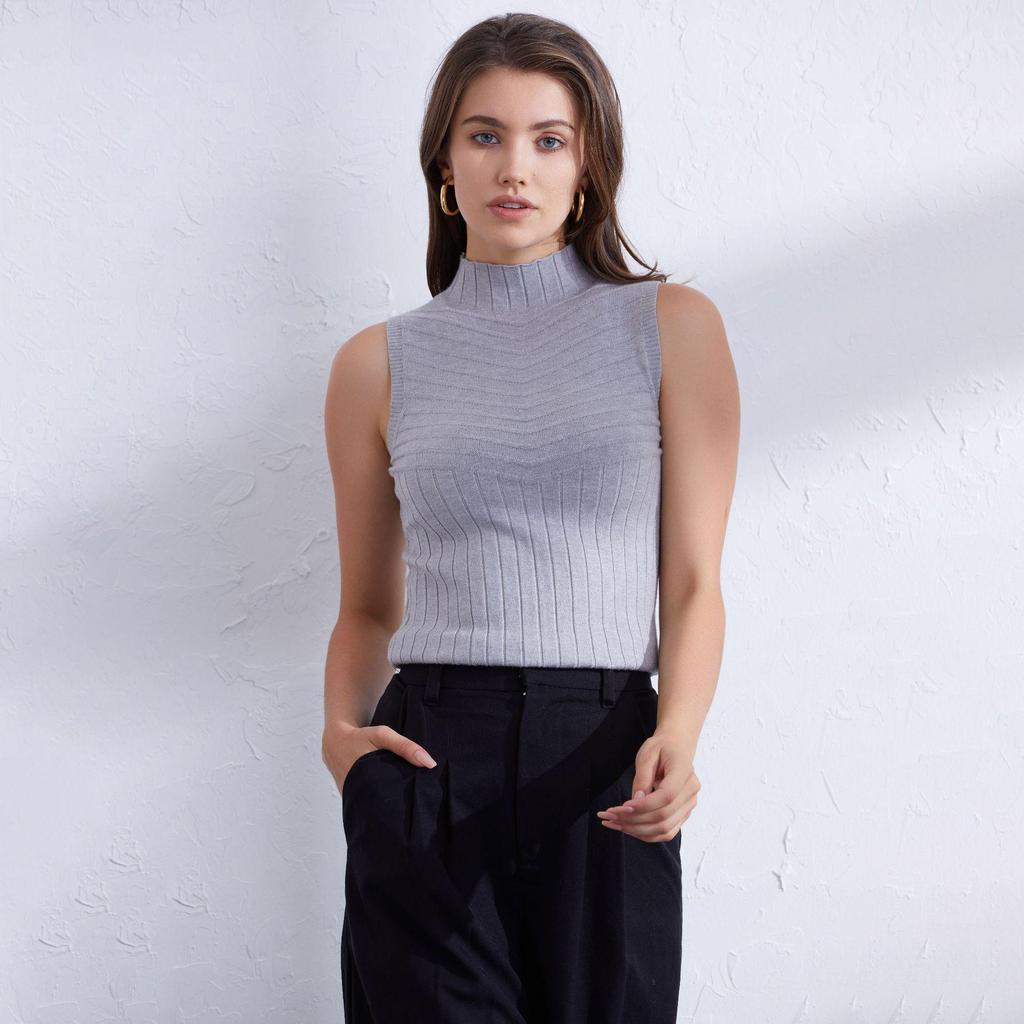 2023 Women's Slim Fit Sleeveless Knitted Sweater Vest - Casual Half-High Collar Solid Color Top