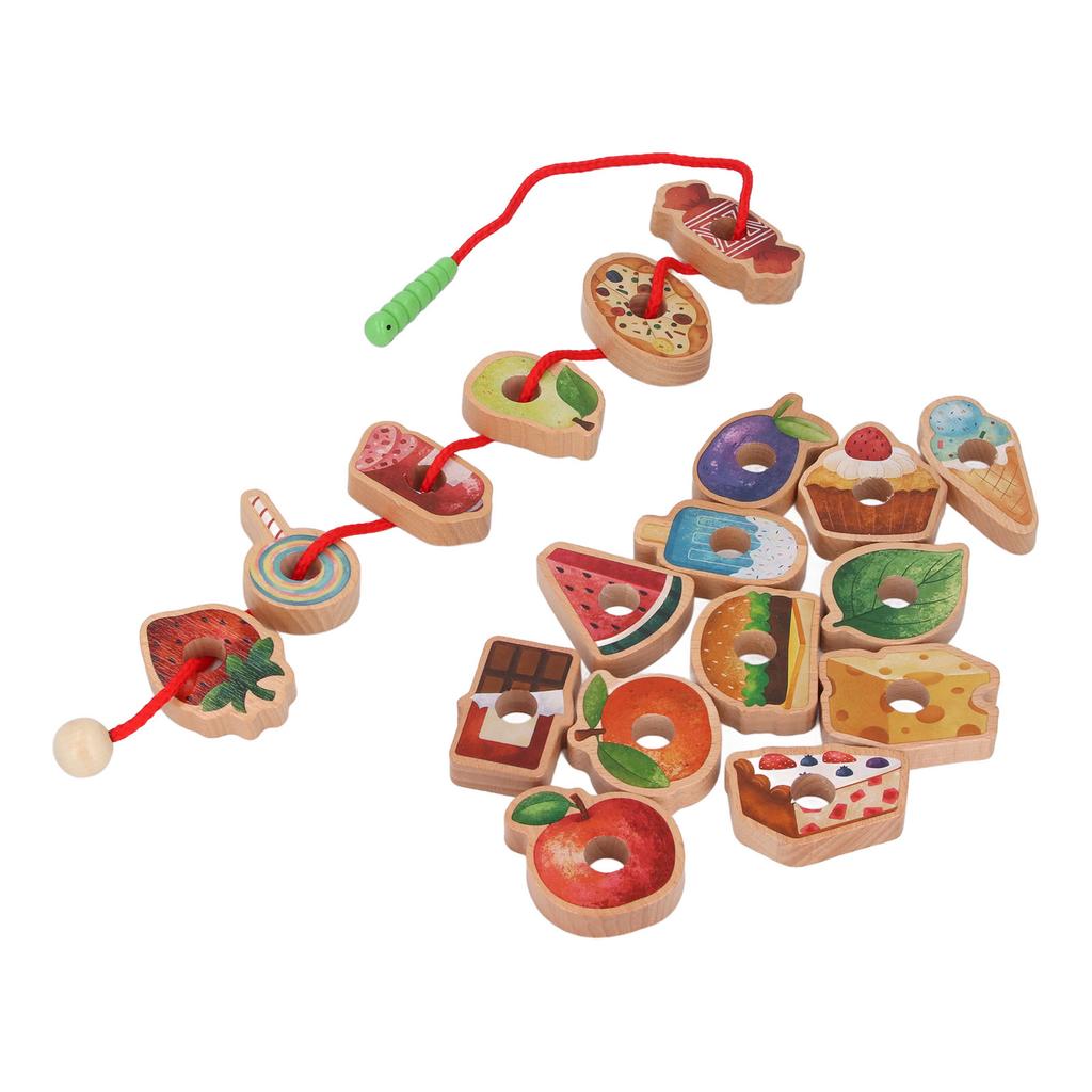 Wooden Threading Toy Fine Motor Skills Early Learning Food Fruit Shape Blocks Lacing Toy for