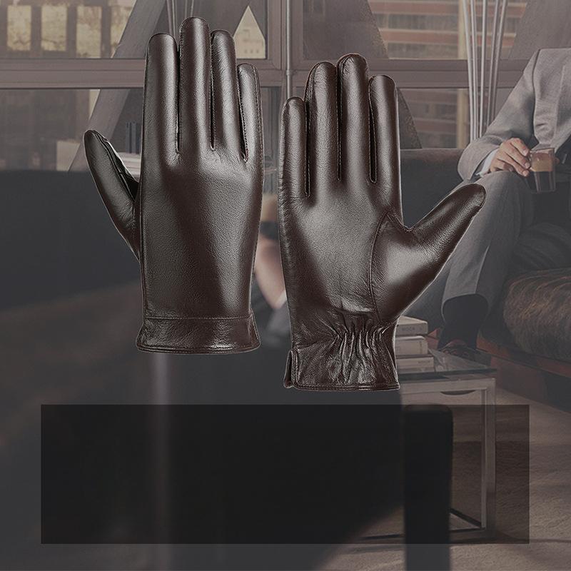 New Men's Lambskin Leather Gloves for Men's Outdoor Bike Riding Simple Touch Screen Warm Plus Velvet
