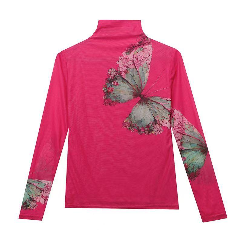 Mesh Temperament Bottoming New Fashion Women's Long-sleeved Printed High-neck T-shirt Top Slim