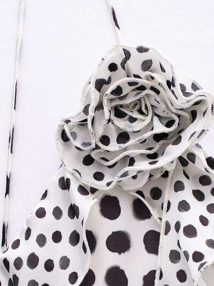 Dot Printed Sling Long Dress Women V-neck Sleeveless Backless 3D Flower Female Summer Party Holiday Lady Robe