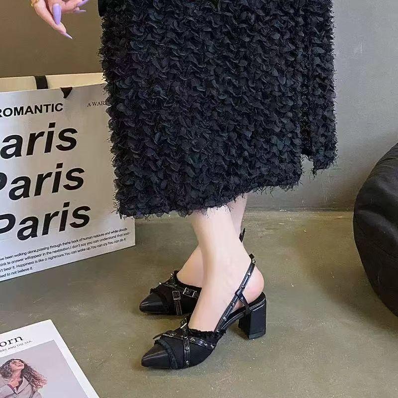 High heels, black temperament bag head sandals, French popular thick heel slippers, design sense single shoes 2025 spring and summer new models