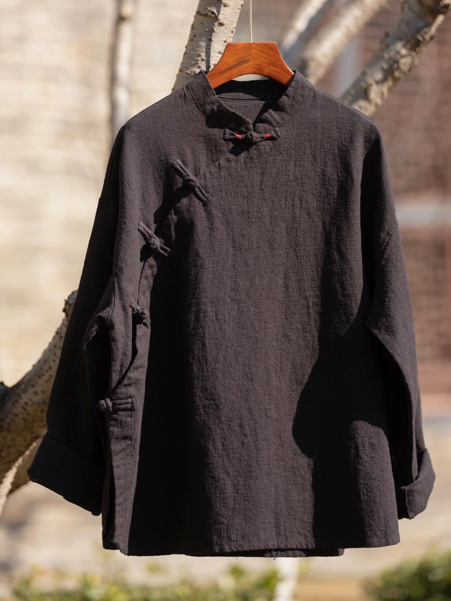 

Johnature женские винтажные рубашки с длинным рукавом и стойкой, весенние однотонные блузки на пуговицах, женские рубашки в китайском стиле One Size чёрный