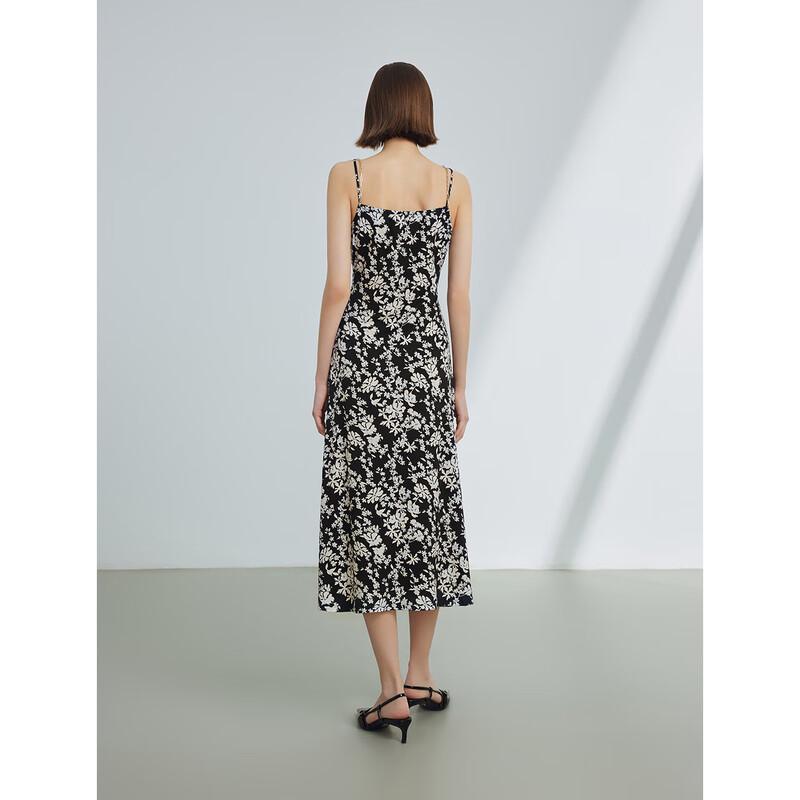 LANGZI Elegant Floral Cami Ruched Midi Dress