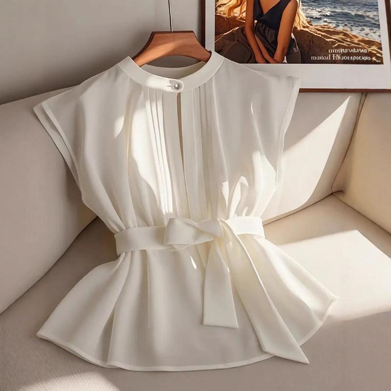 Лето Новая Женская Классическая Элегантная Однотонная Без Рукавов С Поясом Плиссированная Рубашка S белый