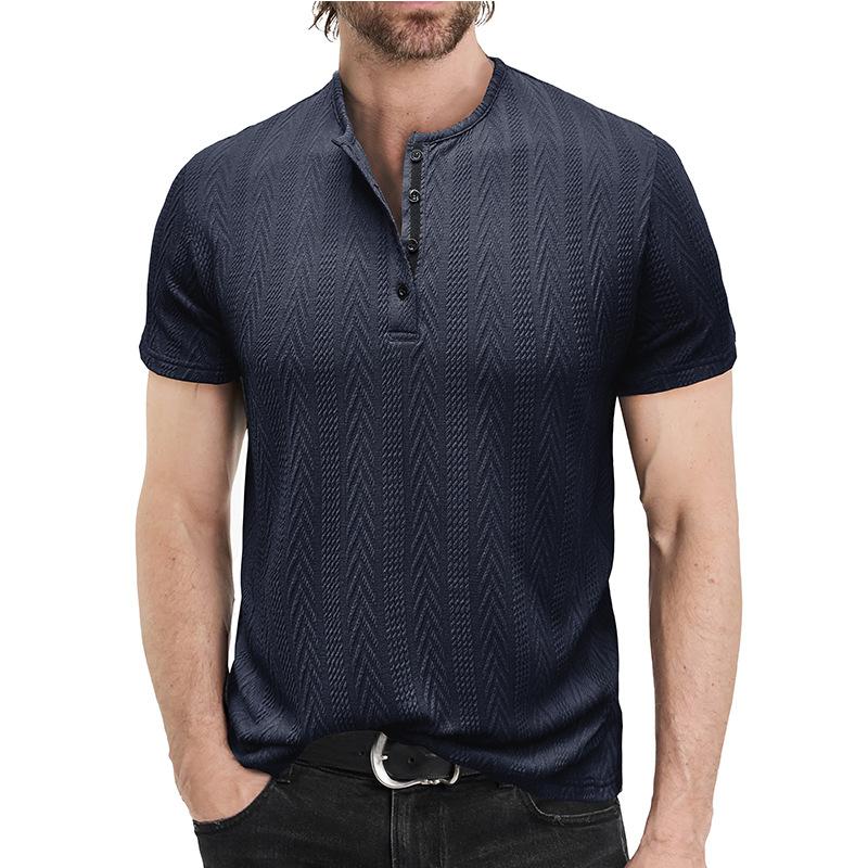 Mens Summer Short Sleeve Knitted Henley Shirt Striped Casual Tee