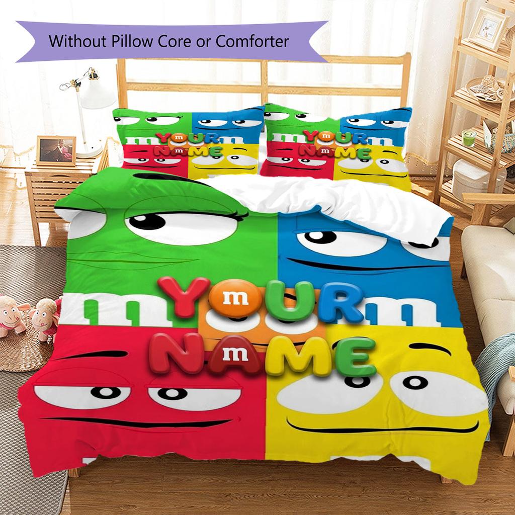 M&M's Custom Name Pattern Bedding,Quilt Set Quilt Cover Pillowcase Home Birthday Gift(1 * duvet cover + 2 * pillowcase, without core)
