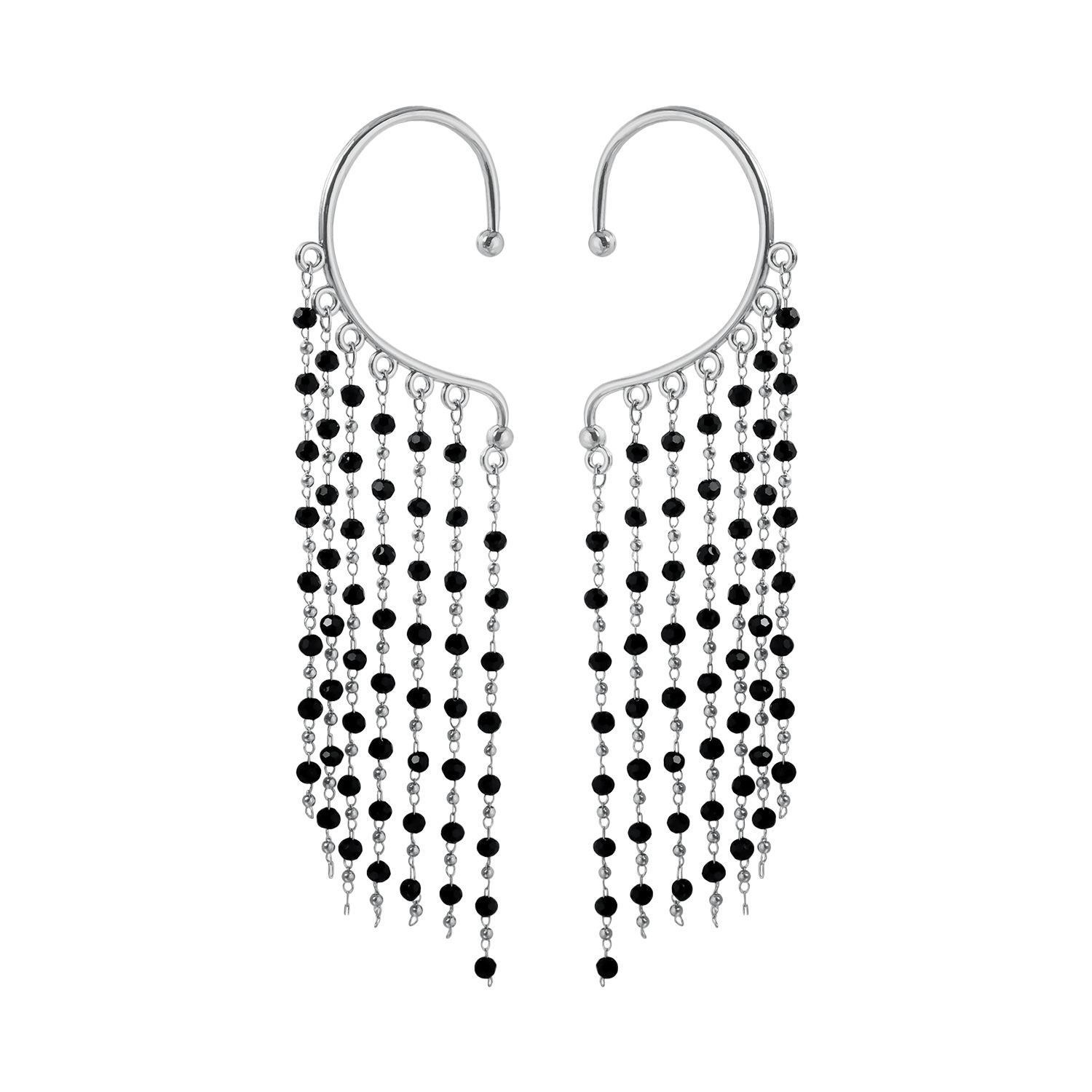 Multi-layer Black Bead Tassel Ear Cuff Non-pierced, Ins Slim Elegant Long Ear Jewelry 1