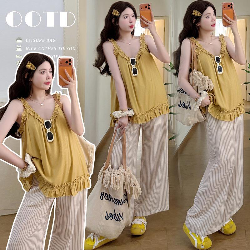 2026 Summer Maternity Fashion: Loose Camisole Top + Wide-Leg Pants Two-Piece Set L