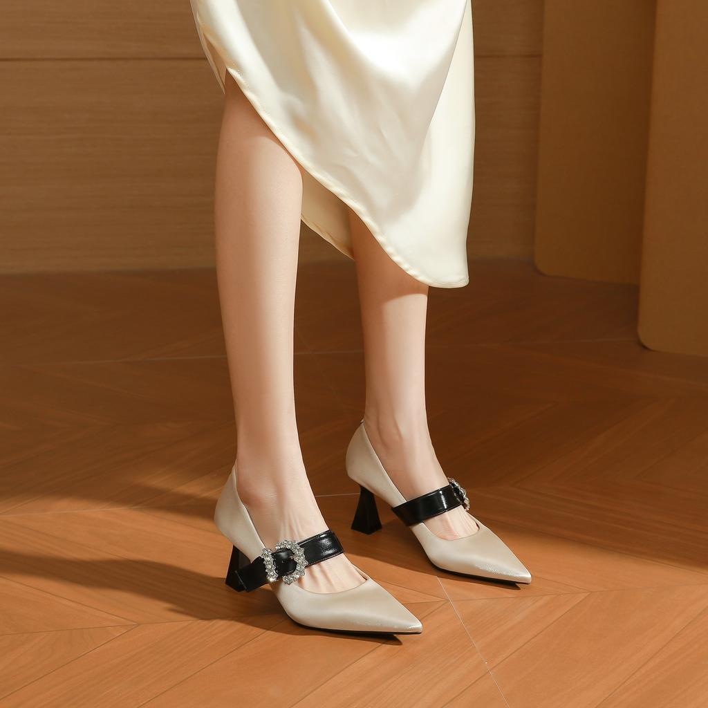 75337 [sheepskin] High Heels Women's Thin Heels 2025 New Pointed Rhinestones with Mary Jane Single Shoes