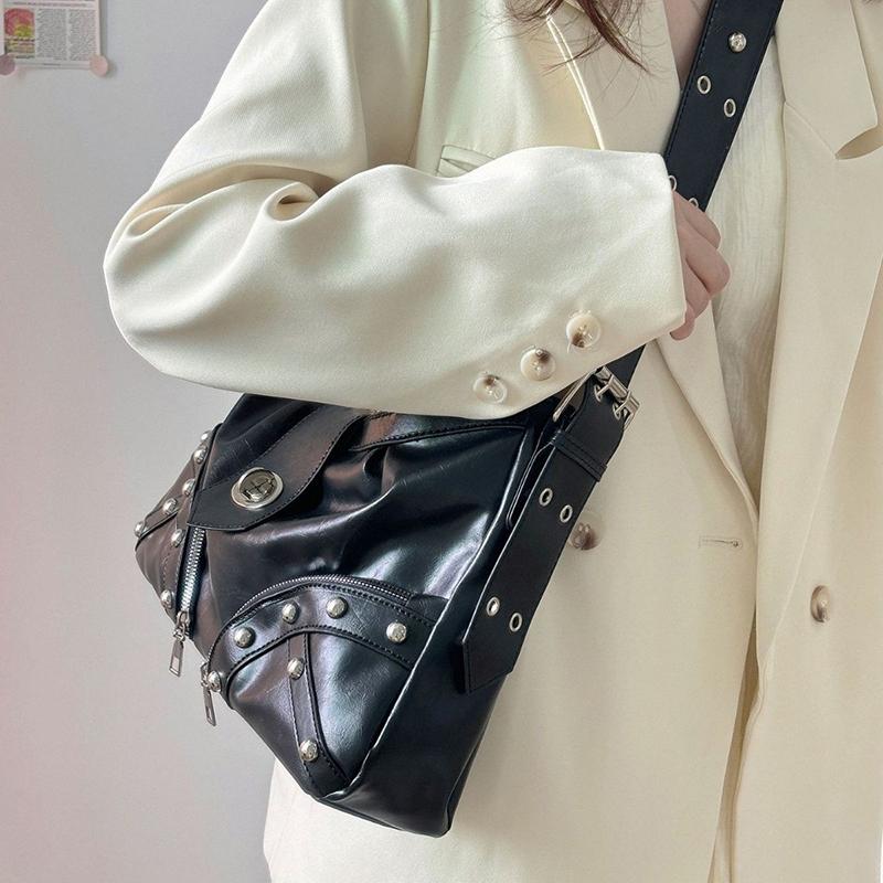 Yogodlns Women Motorcycle Rivets Crossbody Bag with Adjustable Strap PU Leather Pleated Textured Underarm Shoulder Purse Handbag