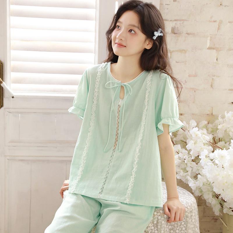 Summer Pajamas Women's Pure Cotton Cotton Yarn Women's Round Neck French Sweet Short-sleeved Loose Wearable Loungewear Set 11