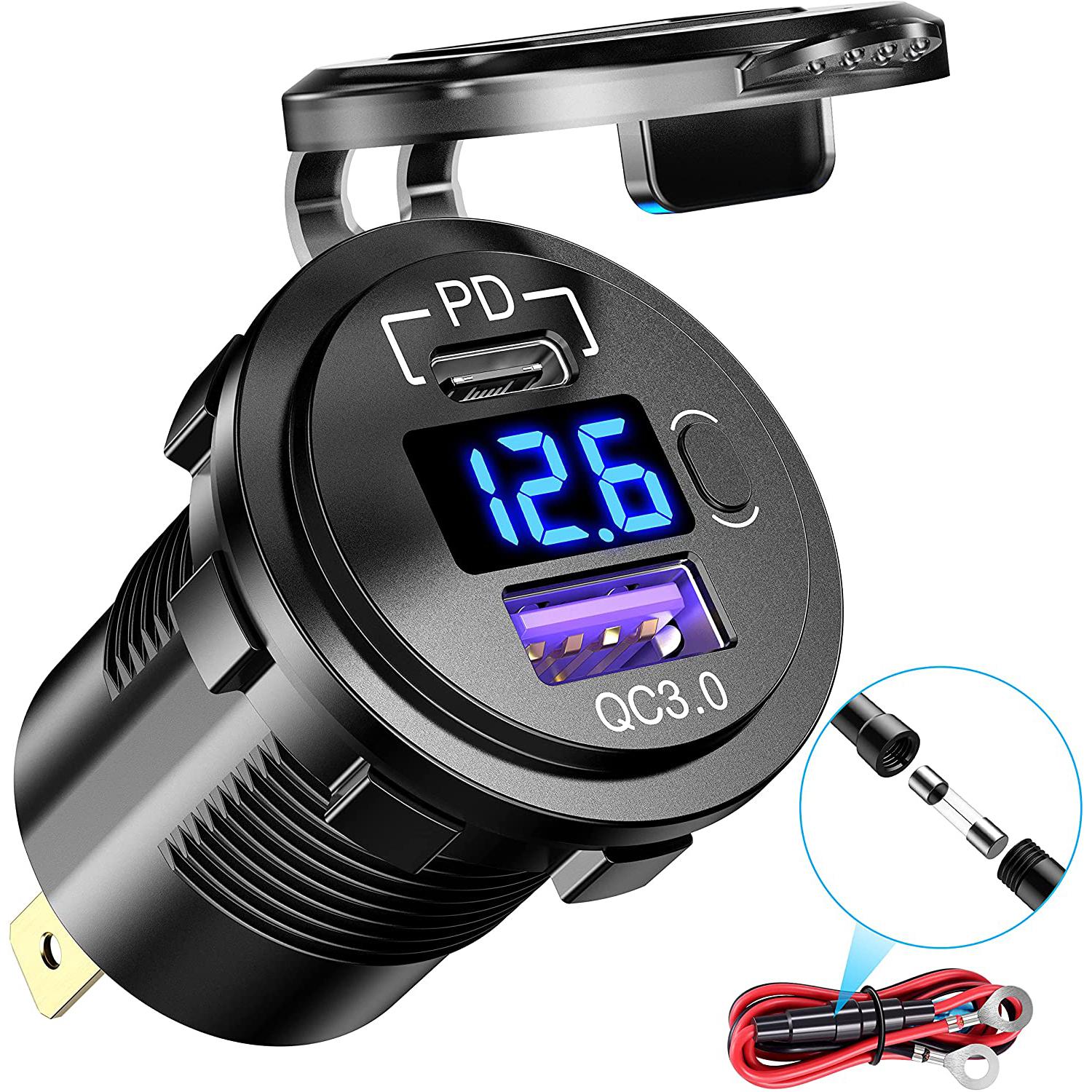 

Автомобильное зарядное устройство Quick Charge 3.0 USB PD Type-C, розетка USB 12 В со светодиодным вольтметром и переключателем ВКЛ/ВЫКЛ, водонепроницаемая для морских лодок, мотоциклов и т. д. 24V