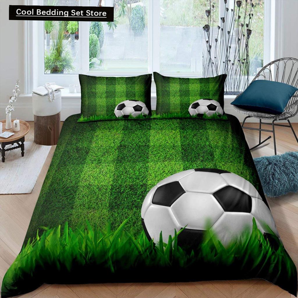 Husă de Plapumă Verde Teren de Fotbal King Queen Husă de Plapumă Teren de Fotbal Set de Lenjerie de Pat pentru Băieți Bărbați Jocuri Sportive Husă de Plapumă Poliester