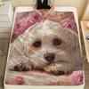 Maltese dog and roses,pattern Flannel Blanket, High quality Comfortable for All Seasons, Home Decor, Warmth and Comfort, Perfect for Gifts.