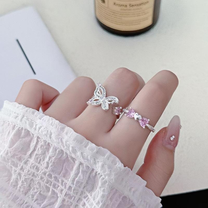 Pink Zircon Full Diamond Butterfly Series Opening Adjustable Ring Light Luxury Sweet Cool Style Niche High-End Ring Woman