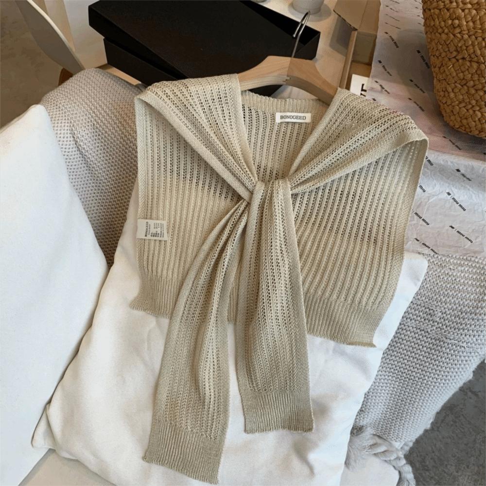 Summer Knitted Shawl Solid Color Neck Guard Scarf Fashion Thin Knotted Cape  for Women