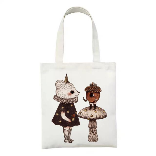 White Ladies Canvas Shopping Bag Eco Female Shoulder Bag Cartoon Graphics Large Handbag Foldable Tote Bag for Women Shopping Bag