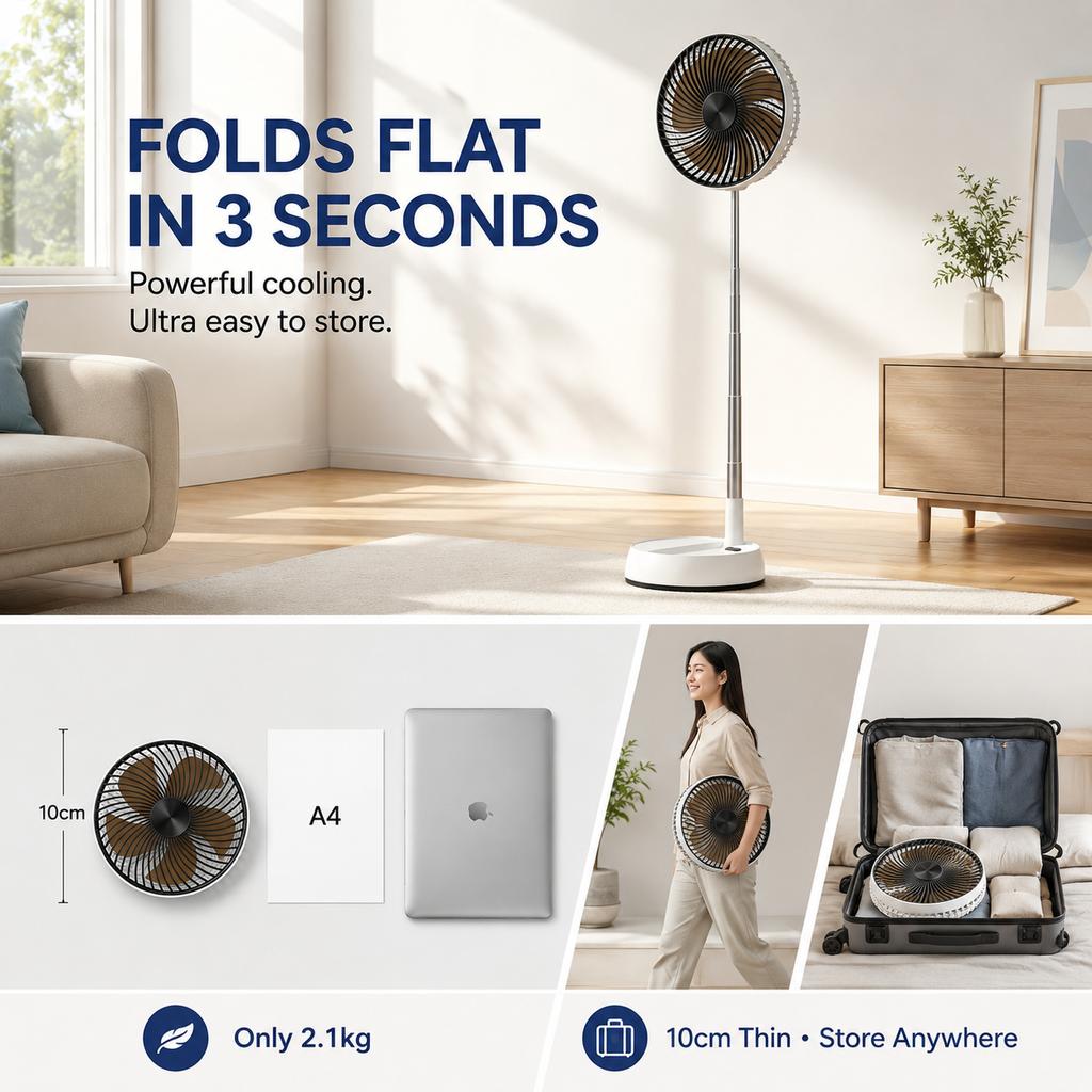 Teleskopischer Faltbarer Leiser Wiederaufladbarer Ventilator mit Fernbedienung, Oszillierendes Design, Schreibtisch- und Boden-Doppelnutzung, Tragbar für den Außenbereich