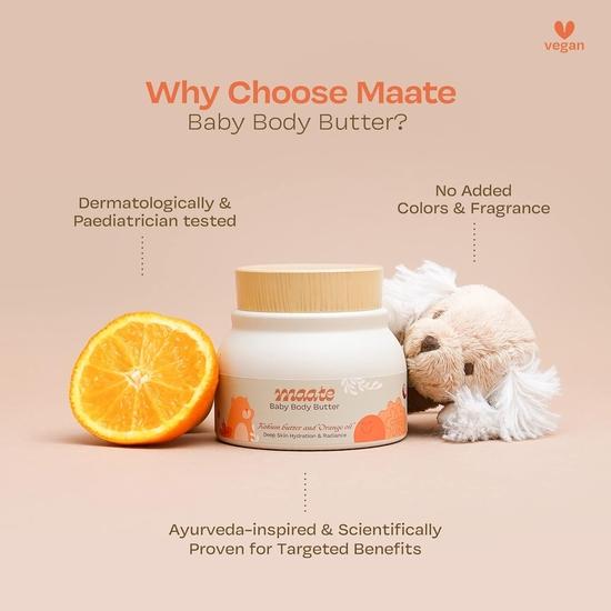 Maate Baby Body Butter (150 gm) | Enriched with Pure Kokum Butter, Shea Butter, Orange & Saffron Oil | Baby Body Butter For Kids 0-12 years